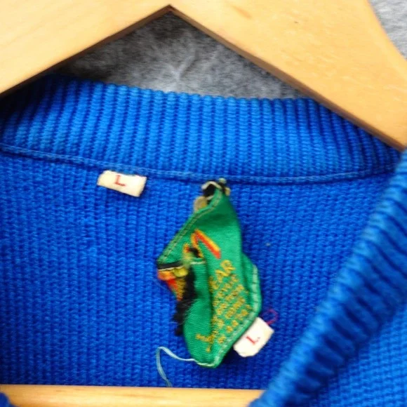 Vintage Ski Sweater Womens L Blue Yellow Red Colorblock Stripe 70s OSSI Slim Fit - Picture 10 of 12